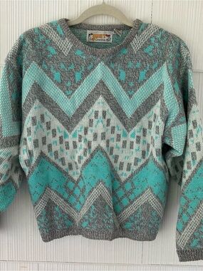 JUST Cristina 1980s Turquoise & Gray Patterned Knit Sweater